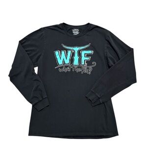 WTF WHAT THE FIN? Black long-sleeve T-shirt 100% cotton made in USA size MEDIUM